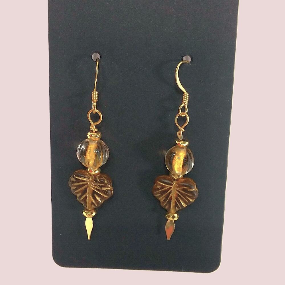 Amber Leaf Earrings Czech Glass Honey Gold Tone Handmade Earthy Dangle Boho NEW